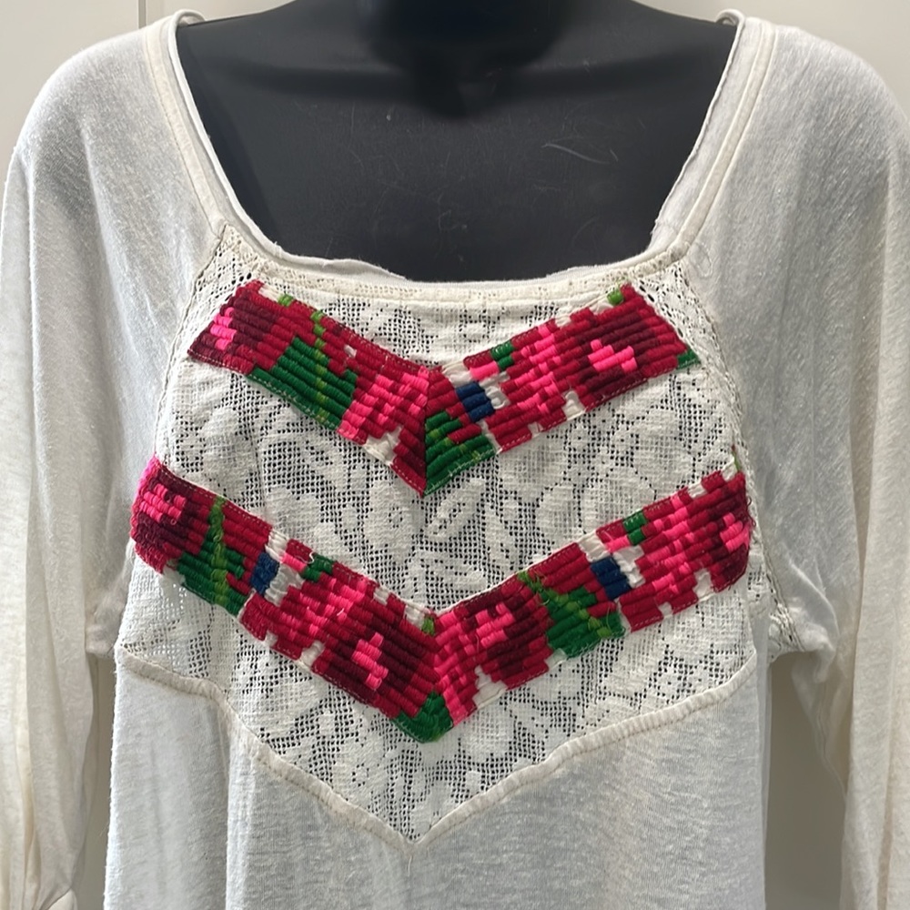 Free People | slub knit lace trim  3/4 sleeve top XS - Picture 2 of 7